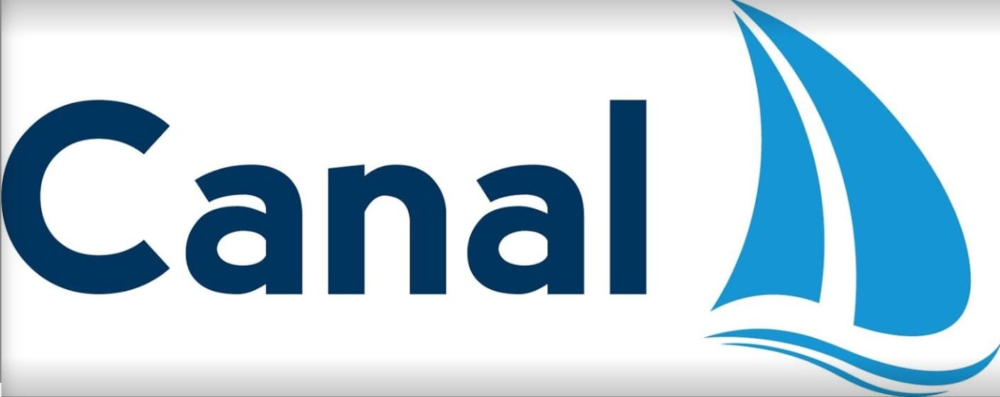 A blue and white logo for canal one