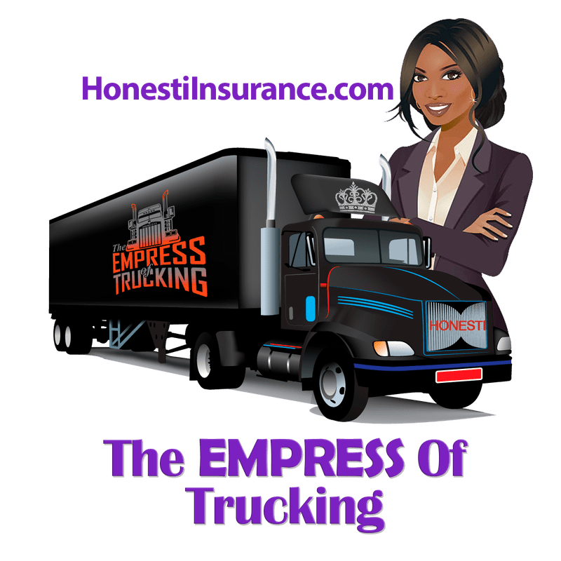 A woman standing next to a truck with the words " the empress of trucking ".