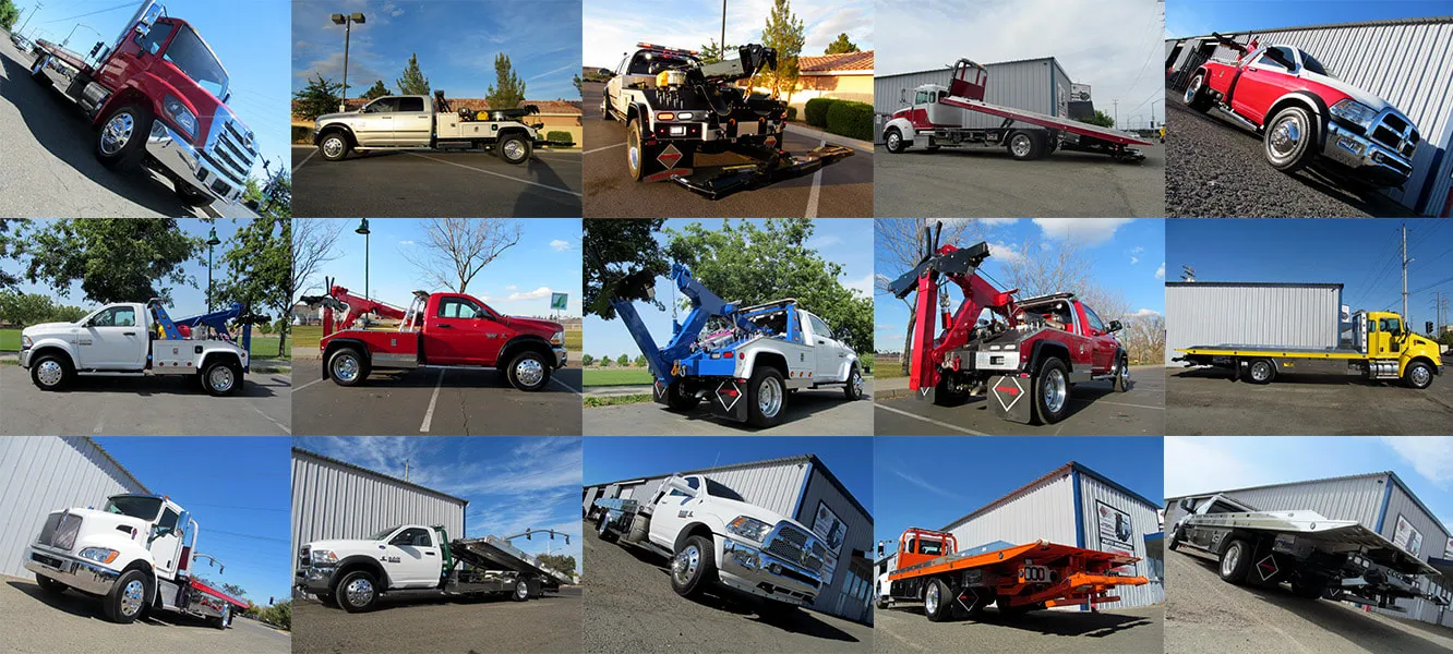 A collage of different types of trucks parked in a lot.