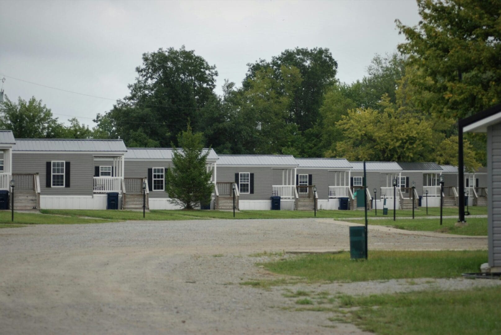 A row of houses in the middle of a park.