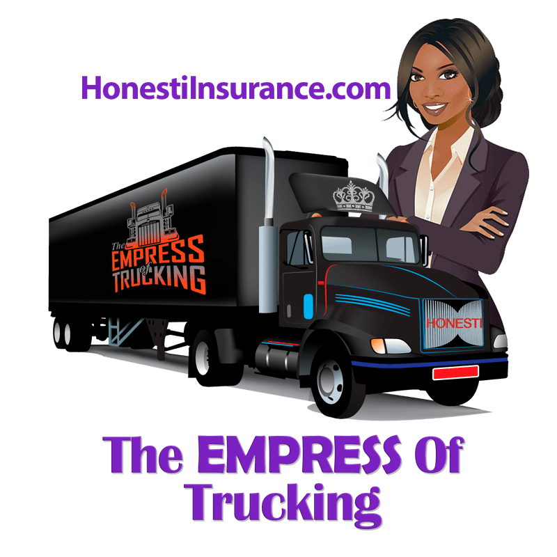 A woman standing next to a truck with the words " the empress of trucking ".